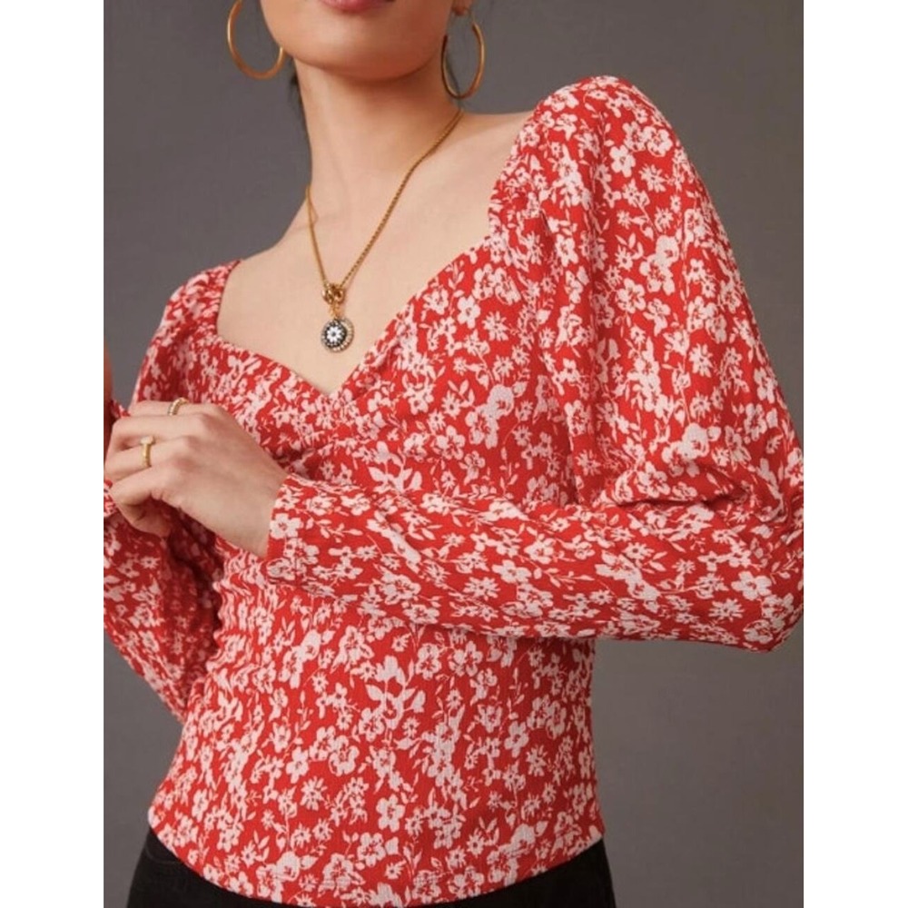 Anthropologie Red White Floral Puff Sleeve Sweetheart Neck Blouse Top OB1425032